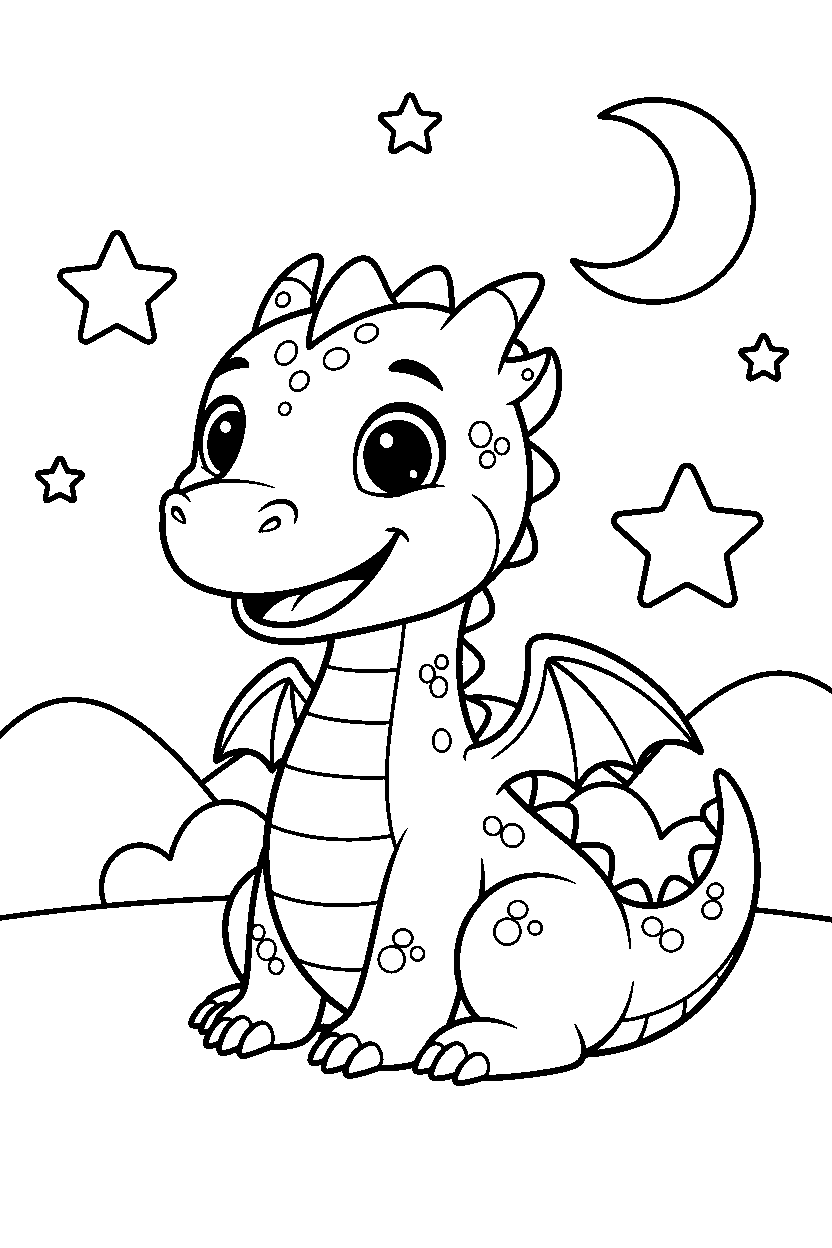 cute dragon looking happy in a starry valley line art