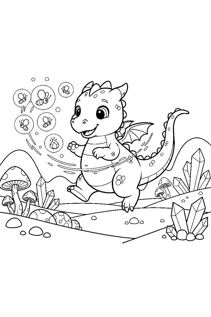 cute dragon playing happily in a glowing valley line art