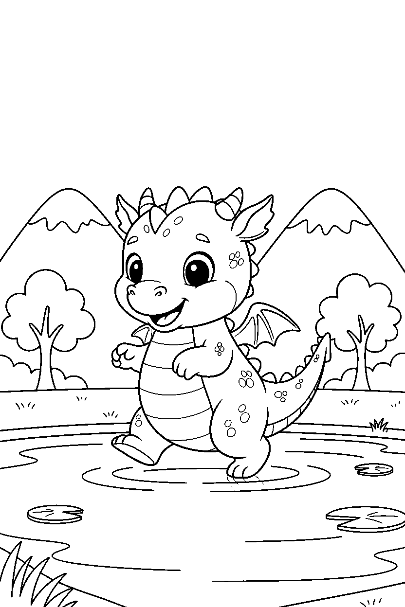 cute dragon playing happily near a peaceful lake line art