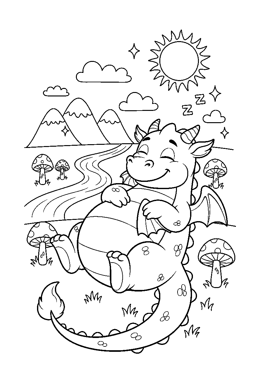 cute dragon relaxing peacefully in a fantasy land line art