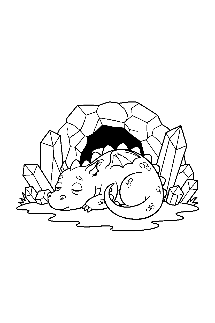 cute dragon resting peacefully near a crystal cave line art