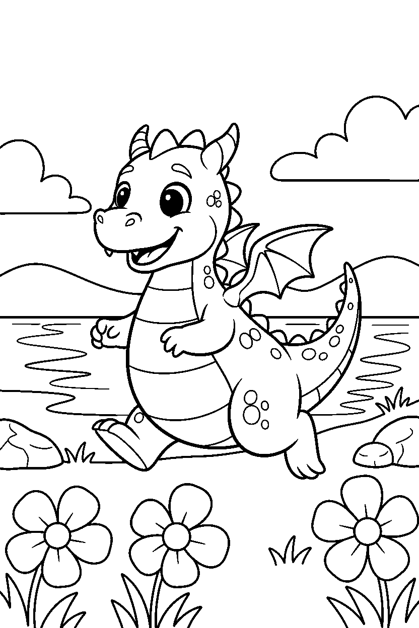 cute dragon running happily near a peaceful lake line art