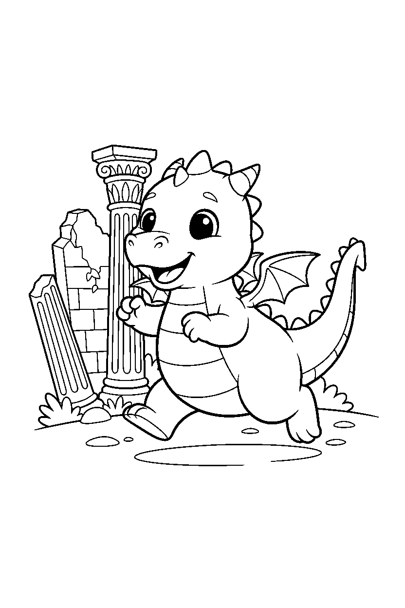 cute dragon running happily near ancient ruins line art