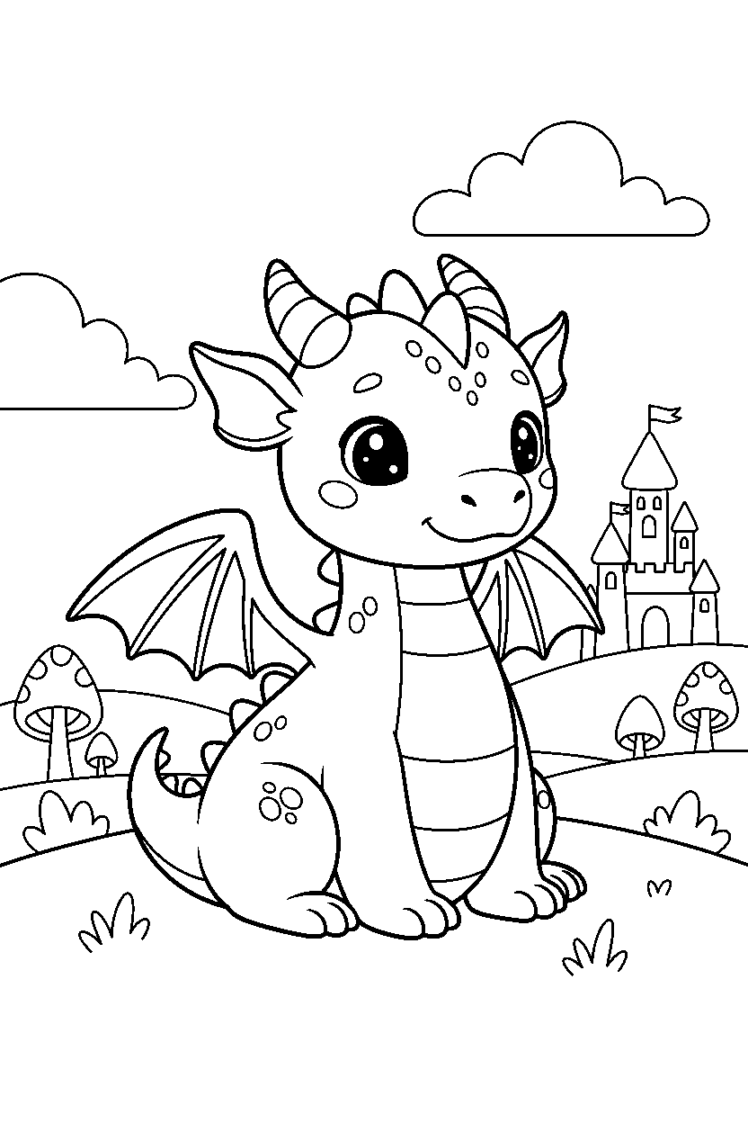 cute dragon sitting peacefully in a fantasy land line art