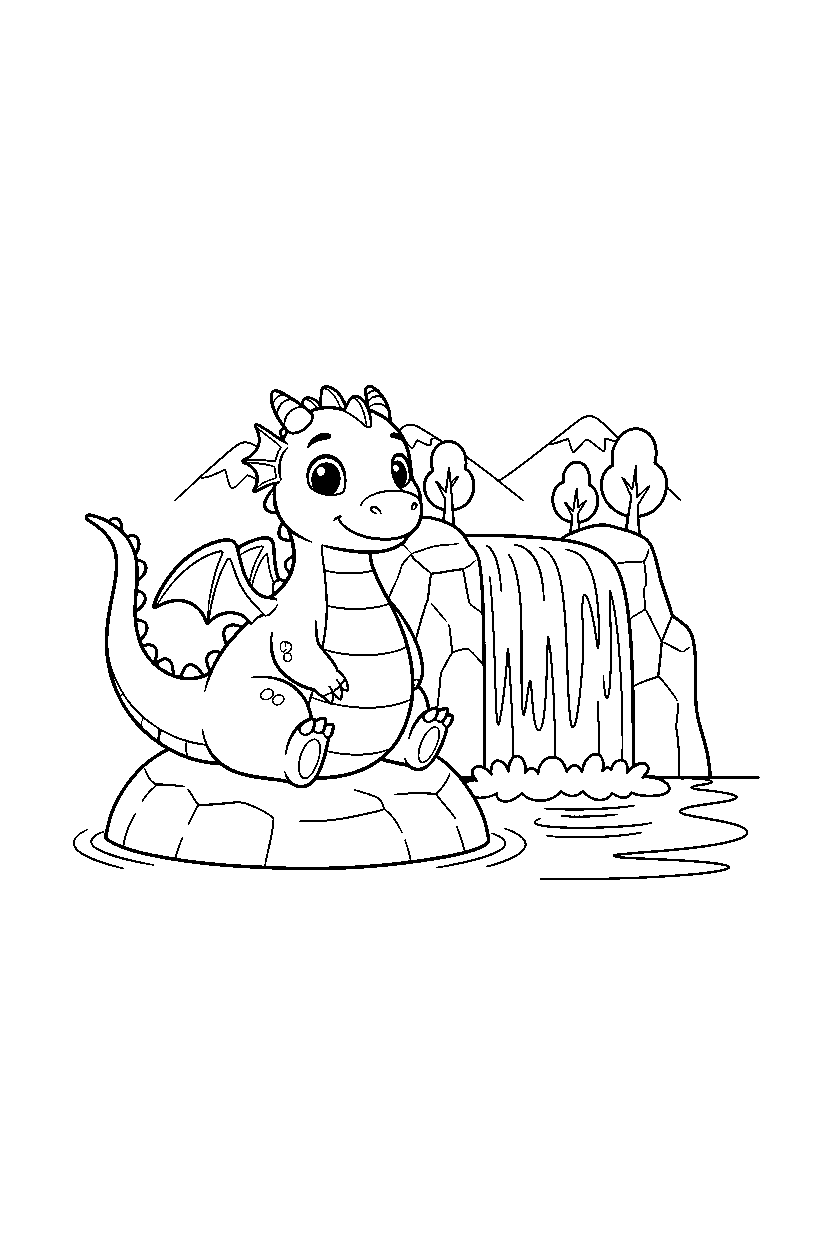 cute dragon sitting peacefully near a waterfall line art