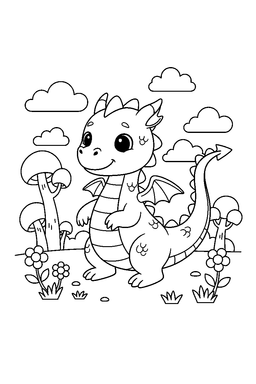 cute dragon smiling happily in a colorful world line art