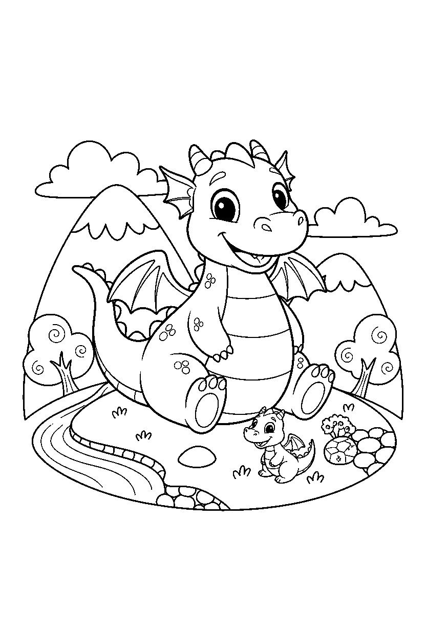 cute dragon smiling happily in a dragon valley line art