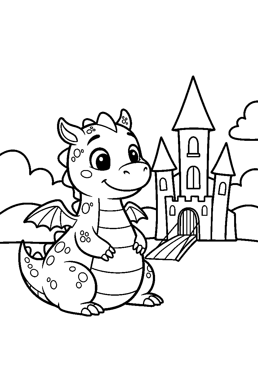cute dragon smiling happily near a castle line art