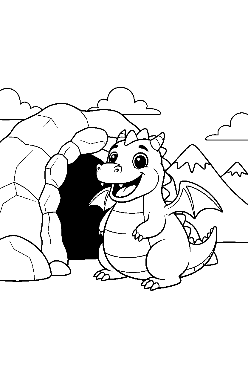 cute dragon smiling happily near a mountain cave line art