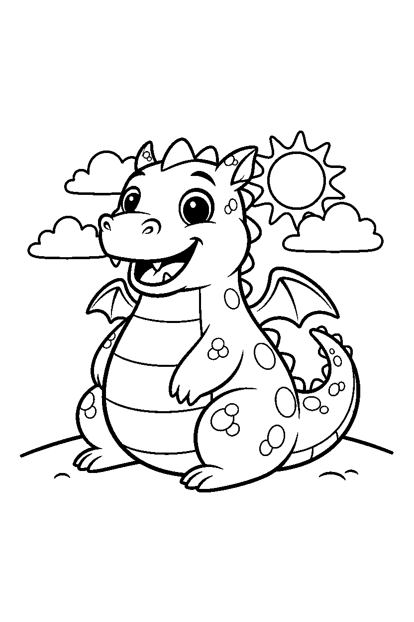 cute dragon smiling happily on a bright hill line art