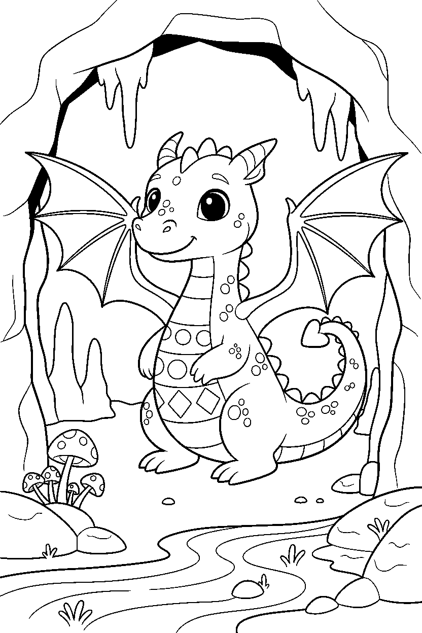 cute dragon spreading wings in a hidden cave line art
