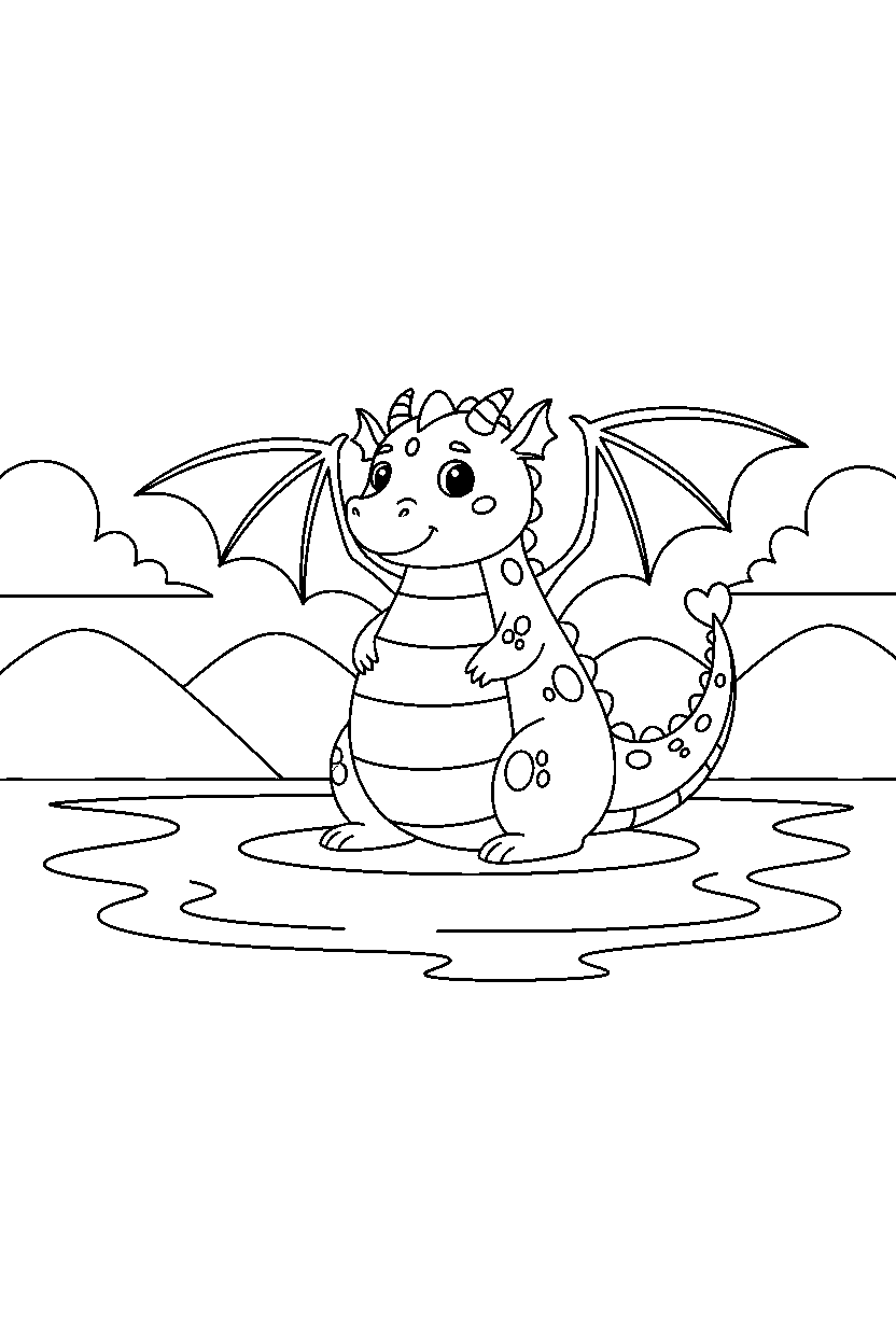 cute dragon spreading wings near a peaceful lake line art