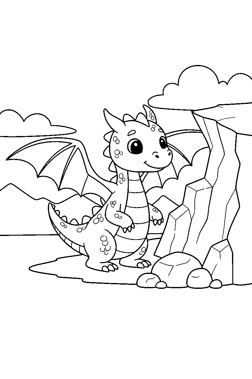 cute dragon spreading wings near a rocky cliff line art