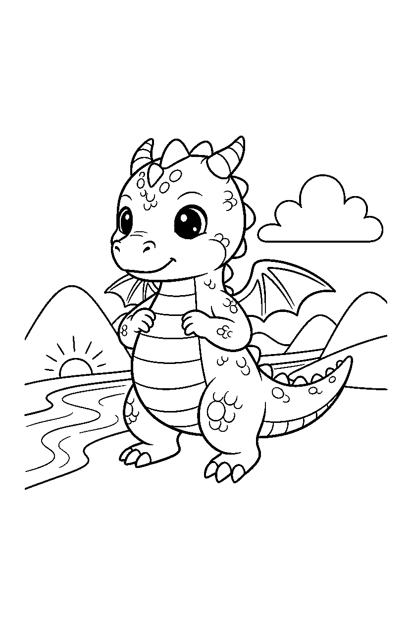 cute dragon standing bravely near a glowing river line art