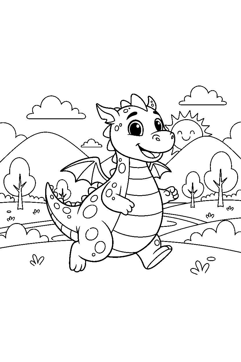 cute dragon trotting happily in a peaceful countryside line art