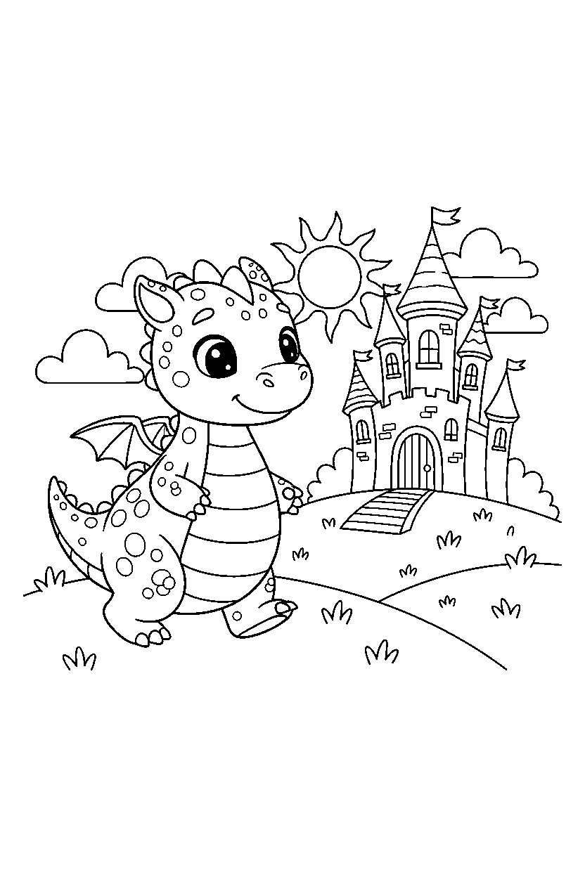 cute dragon walking gently near a castle line art