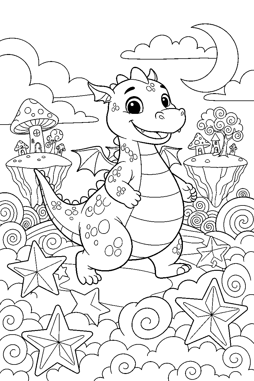 cute dragon walking happily in a dream world line art
