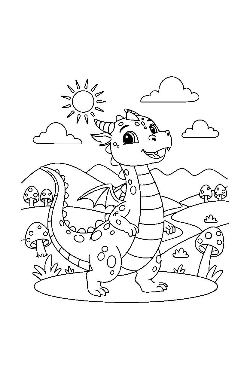 cute dragon walking proudly in a magical landscape line art