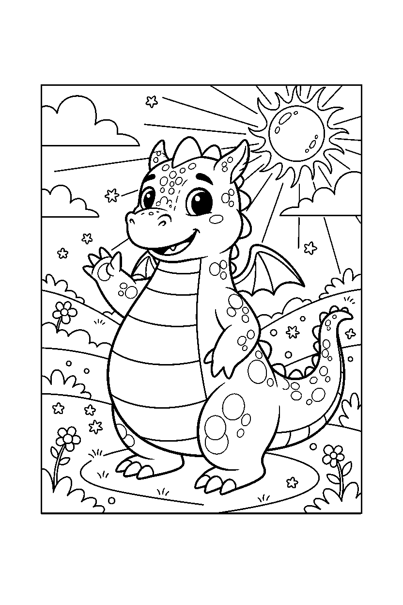 cute dragon waving happily in a glowing valley line art