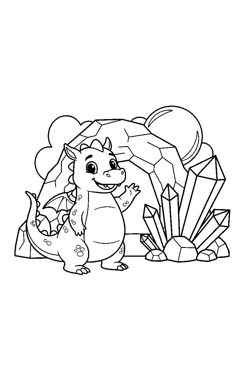 cute dragon waving happily near a crystal cave line art