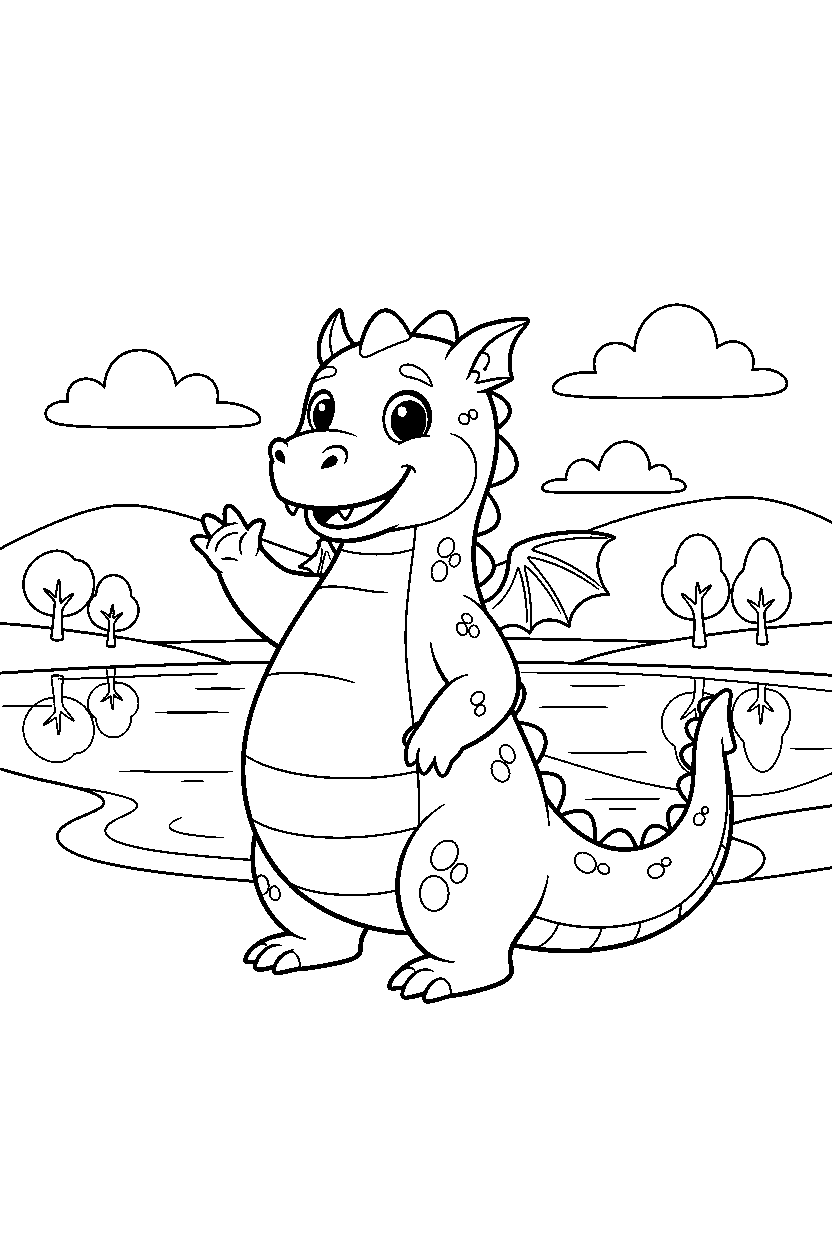 cute dragon waving happily near a peaceful lake line art