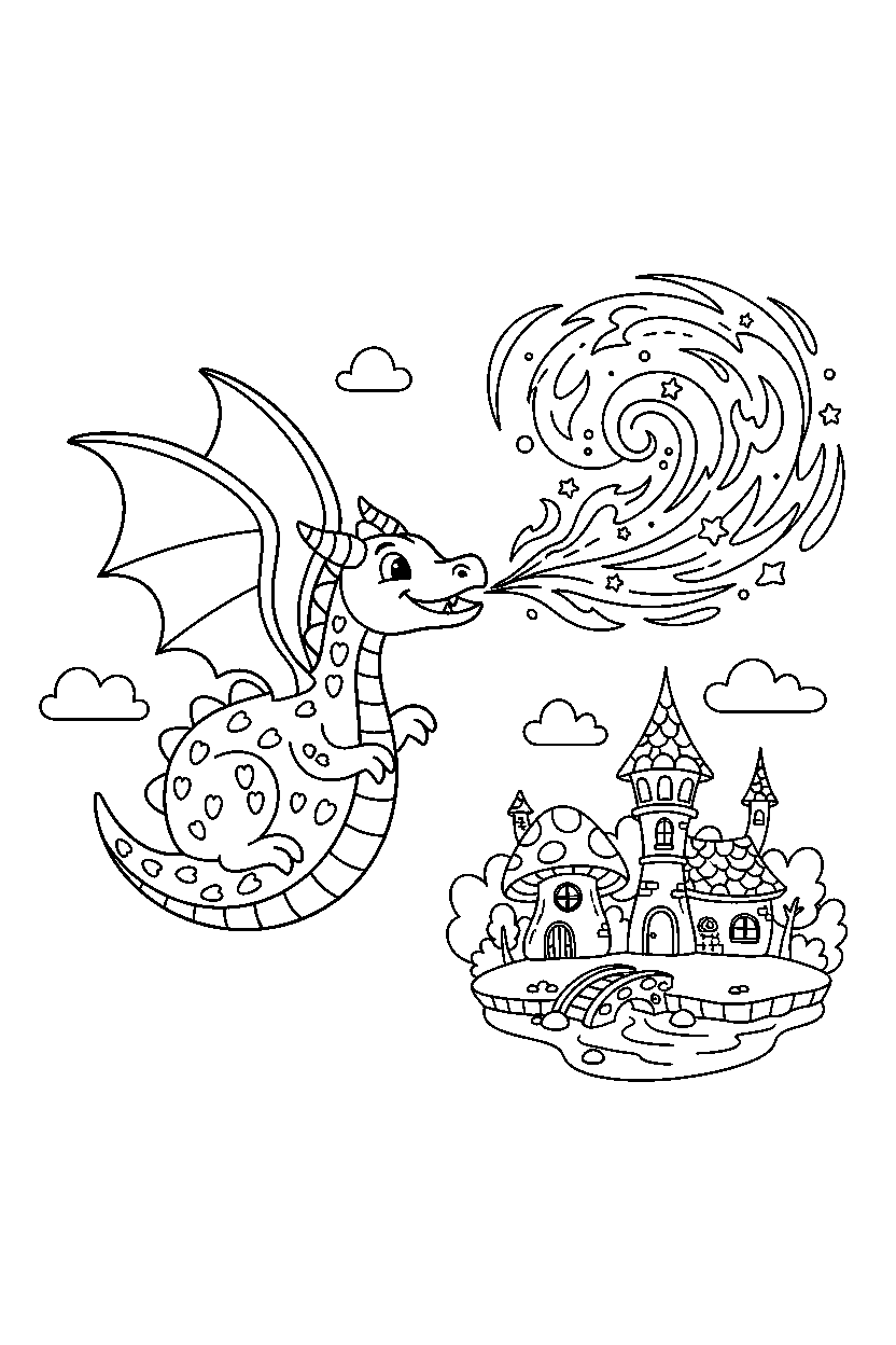 dragon breathing magic fire near a fantasy village line art