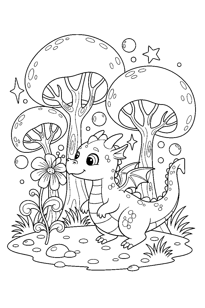 dragon exploring happily in a magical forest line art