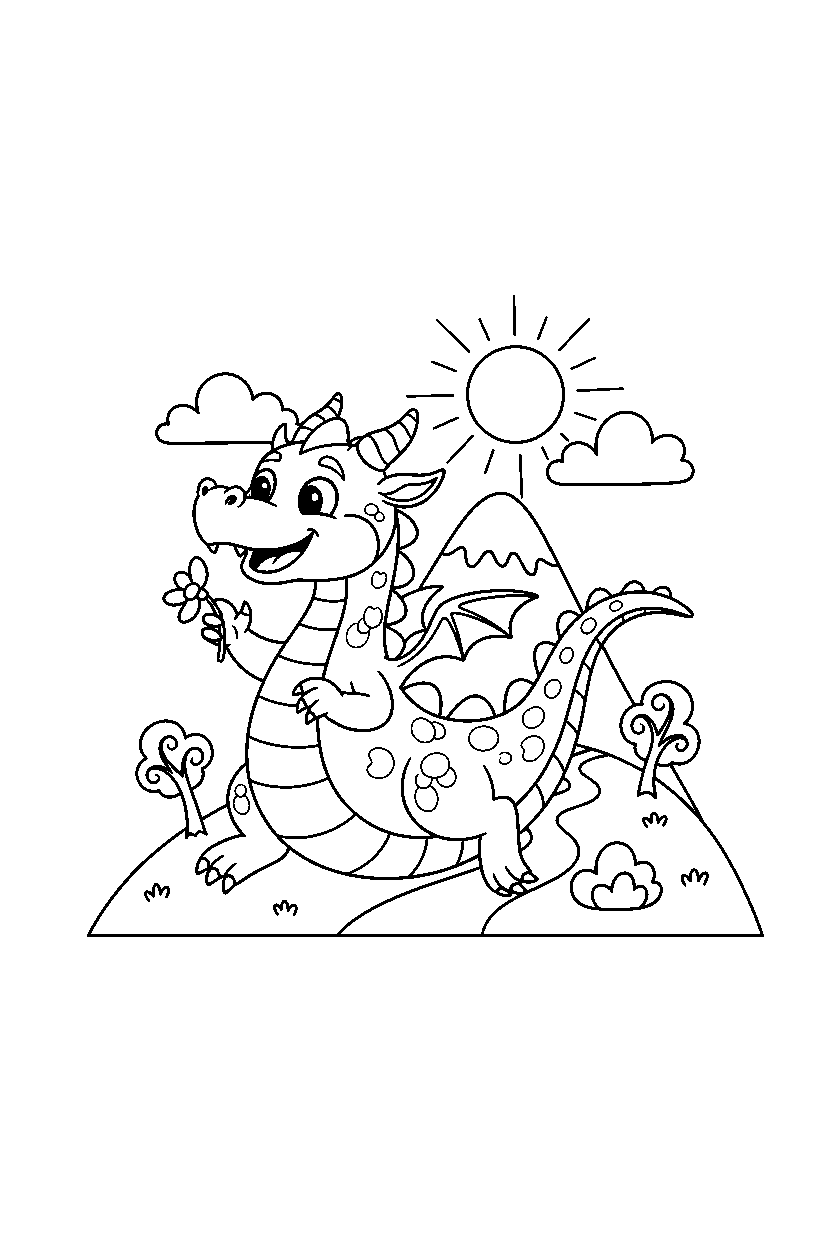 dragon exploring happily on a mountain hill line art