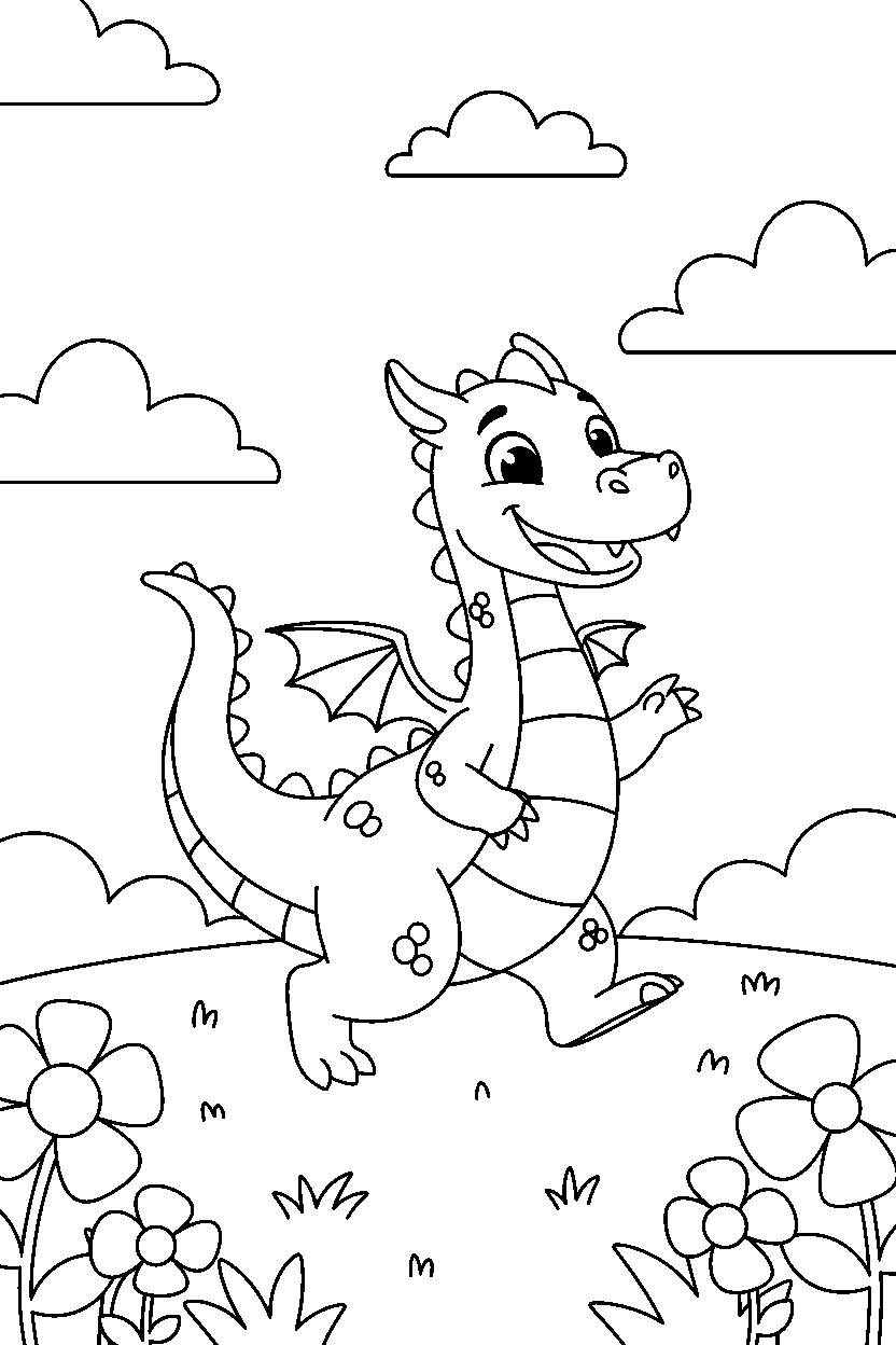 dragon exploring happily on a sunny meadow line art