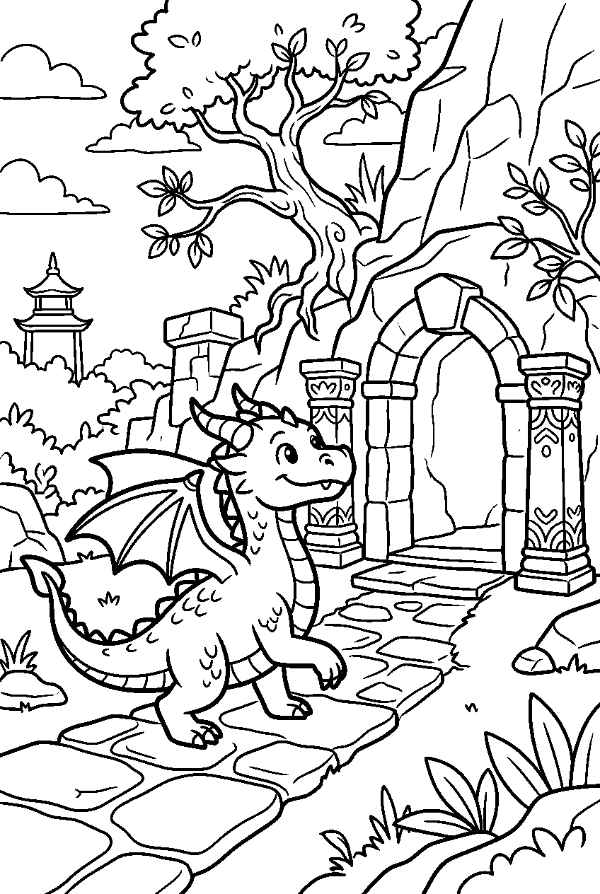 dragon exploring in legendary sanctuary line art