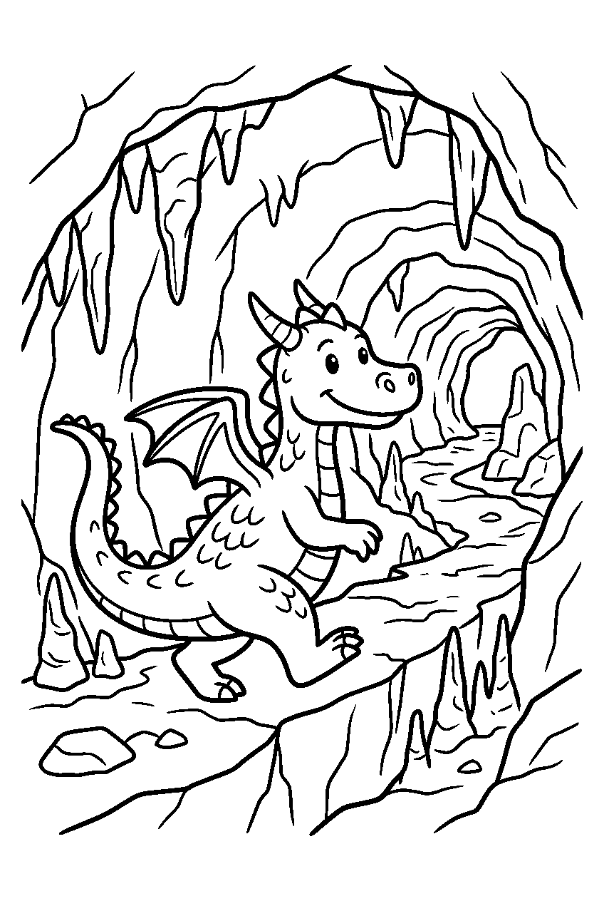dragon exploring in mountain cave line art