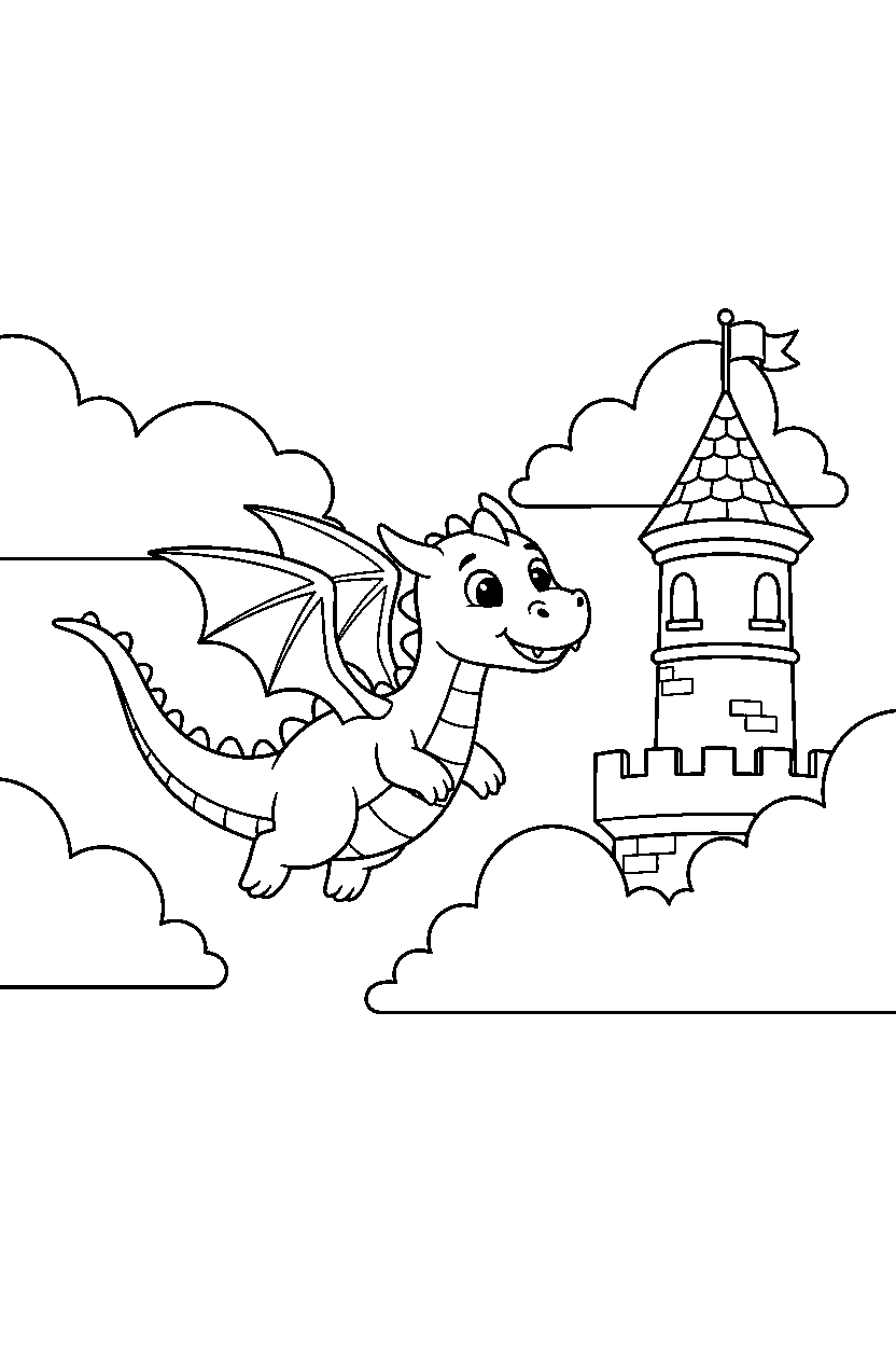 dragon flying happily near a castle tower line art