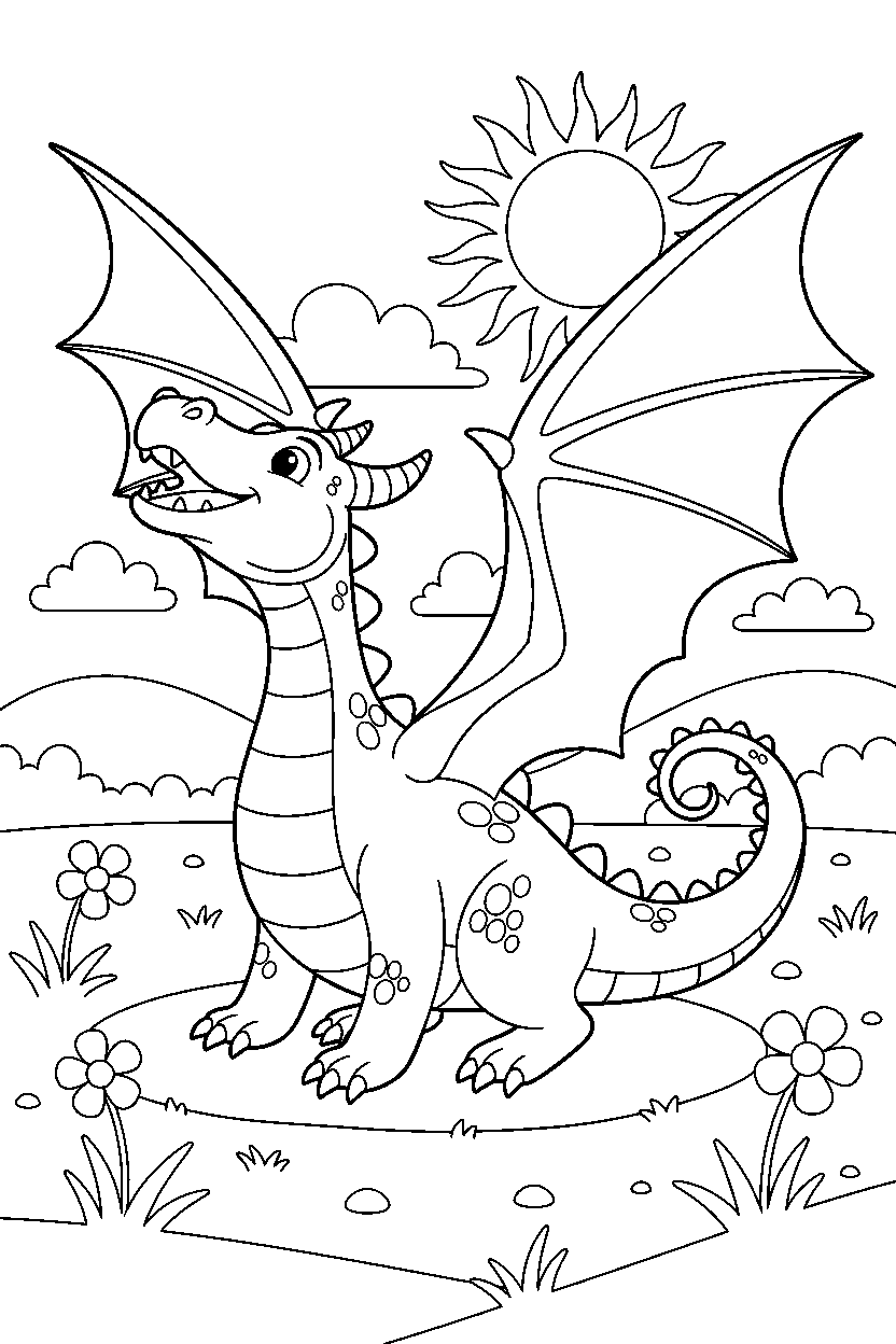 dragon getting ready to fly on a sunny meadow line art