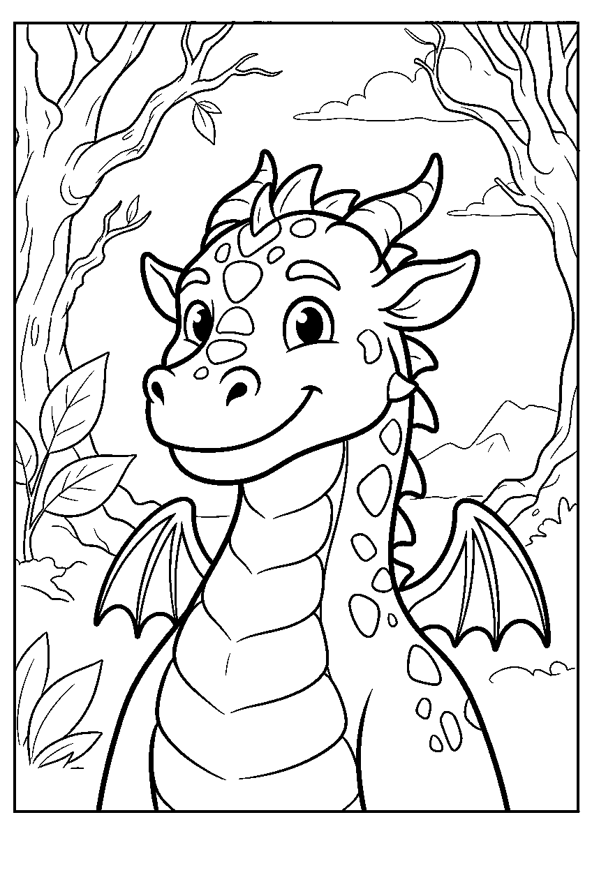 dragon in ancient forest line art