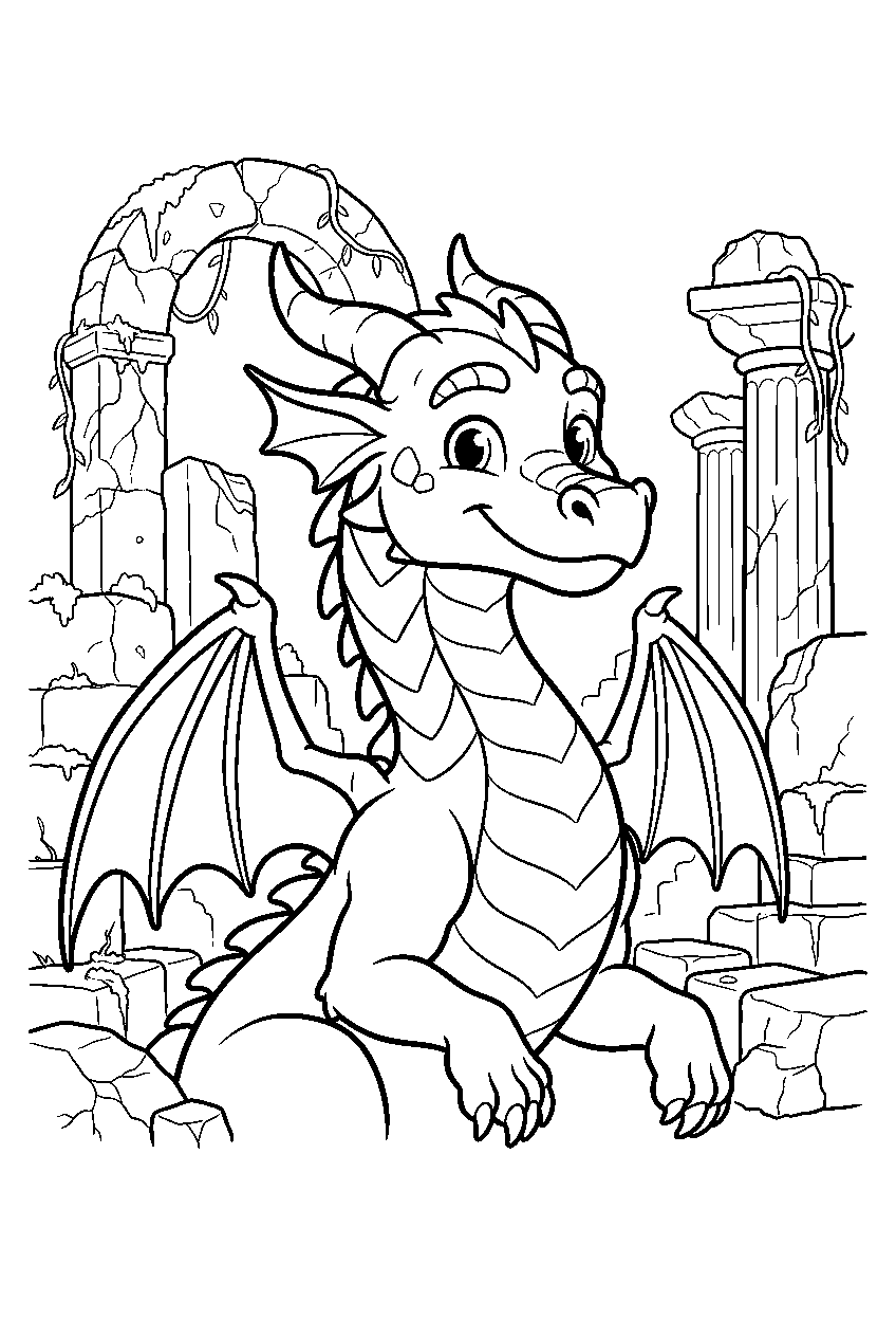 dragon in ancient ruins line art