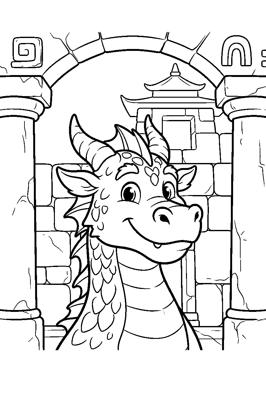 dragon in ancient temple line art