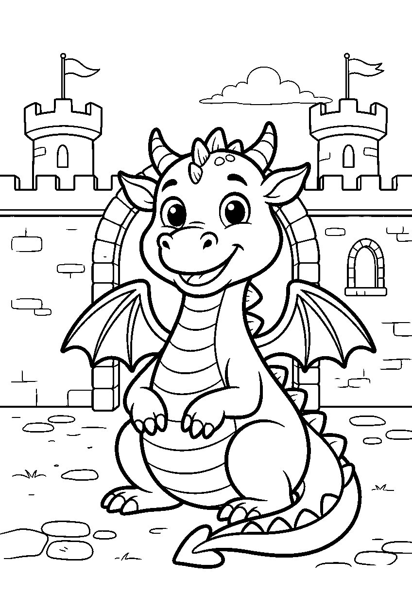 dragon in castle courtyard line art