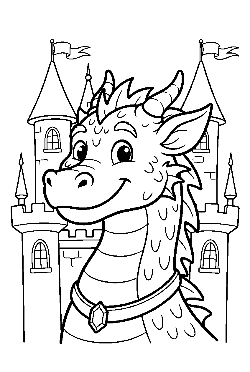 dragon in enchanted castle line art