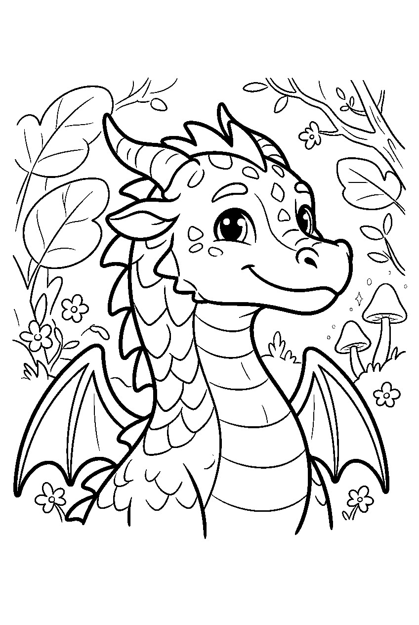 dragon in enchanted forest line art