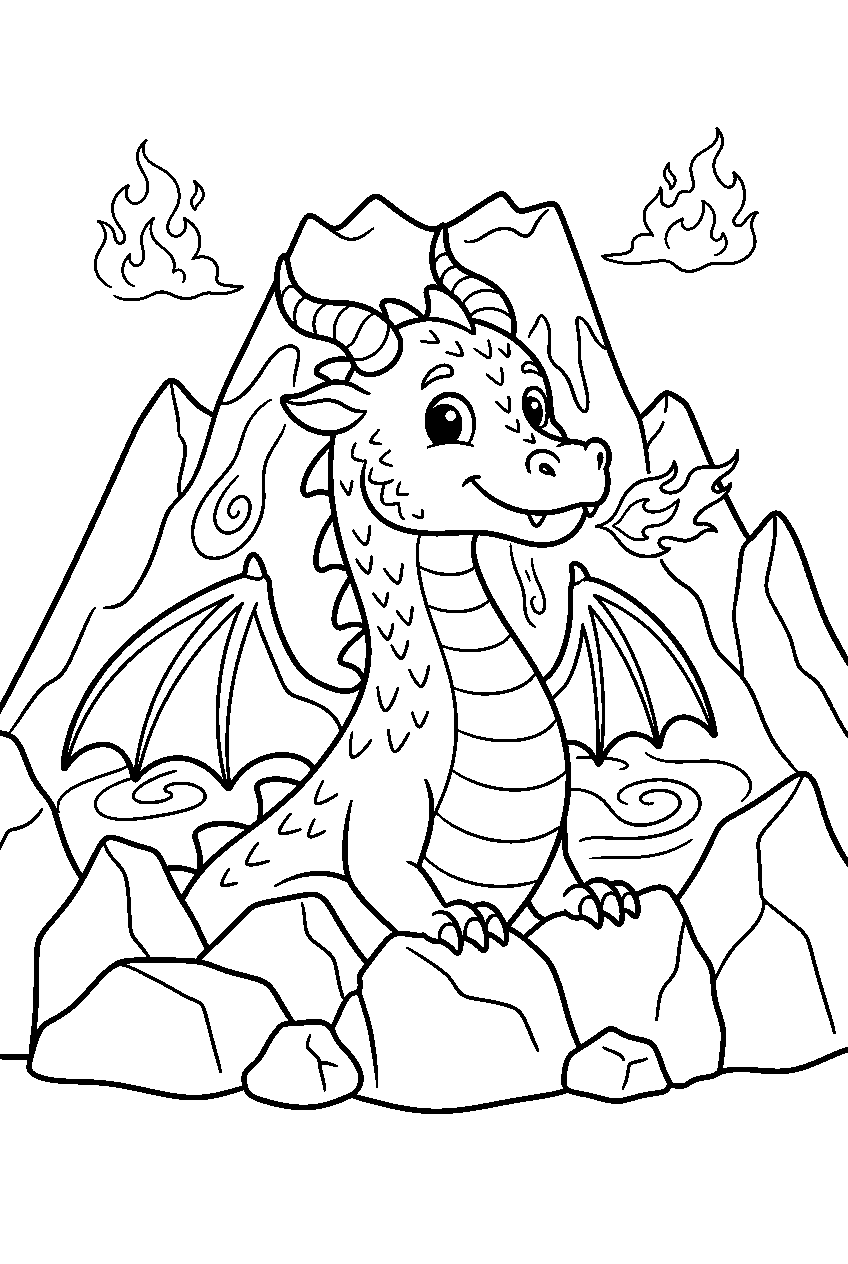 dragon in fire mountain line art