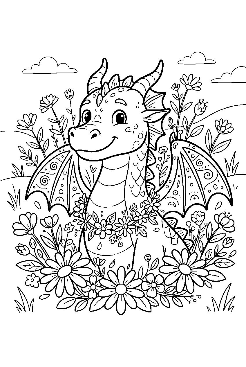 dragon in flower meadow line art