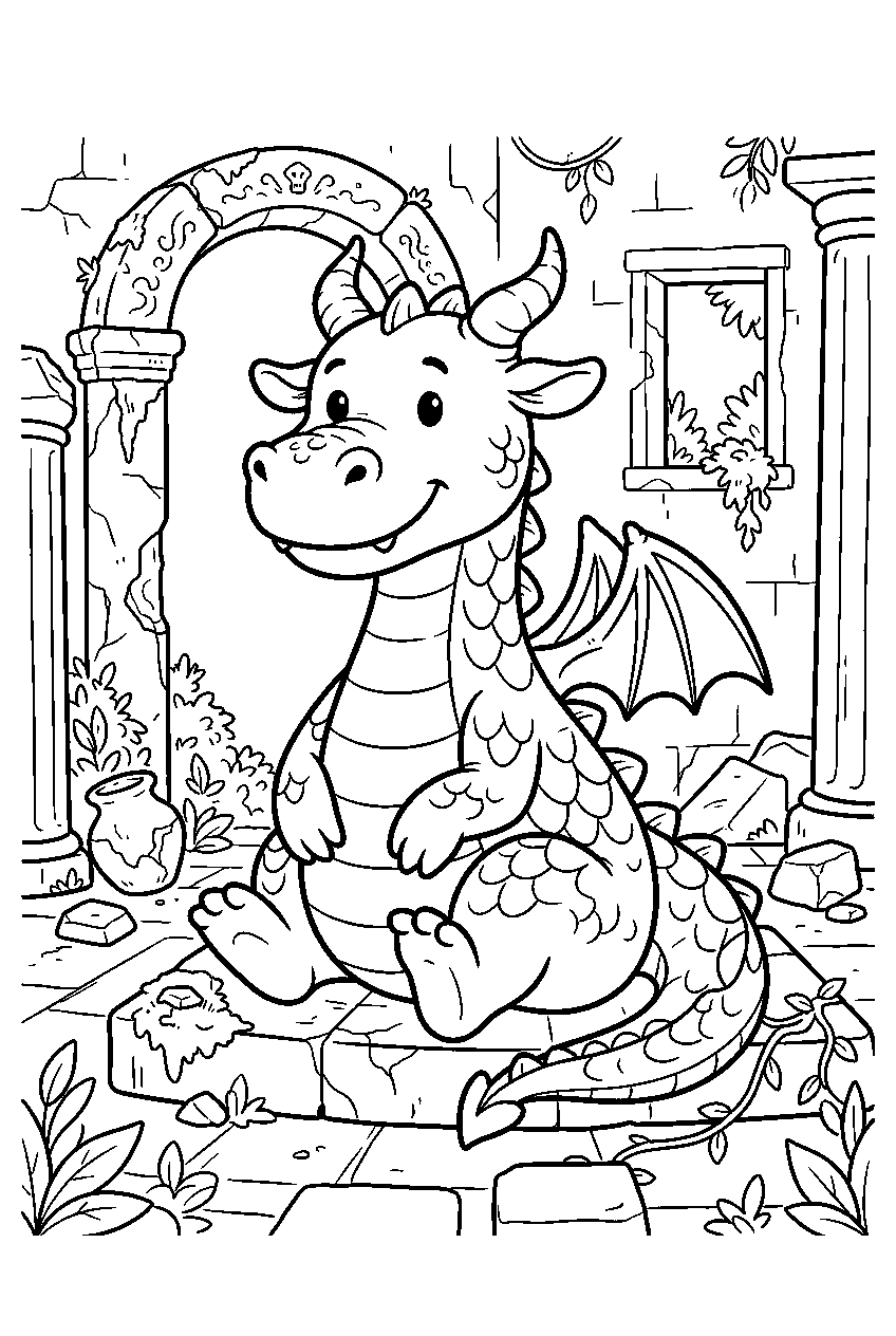 dragon in forgotten temple line art