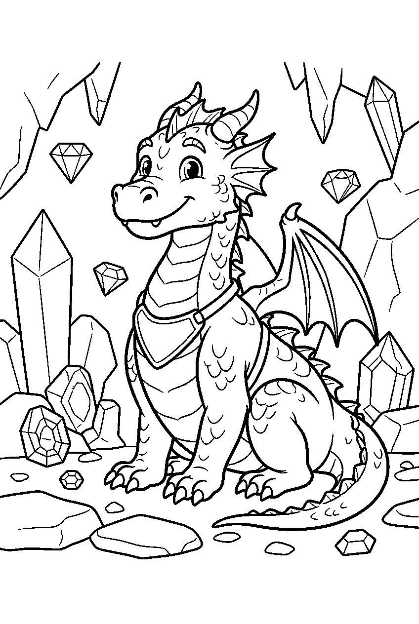 dragon in gemstone cave line art