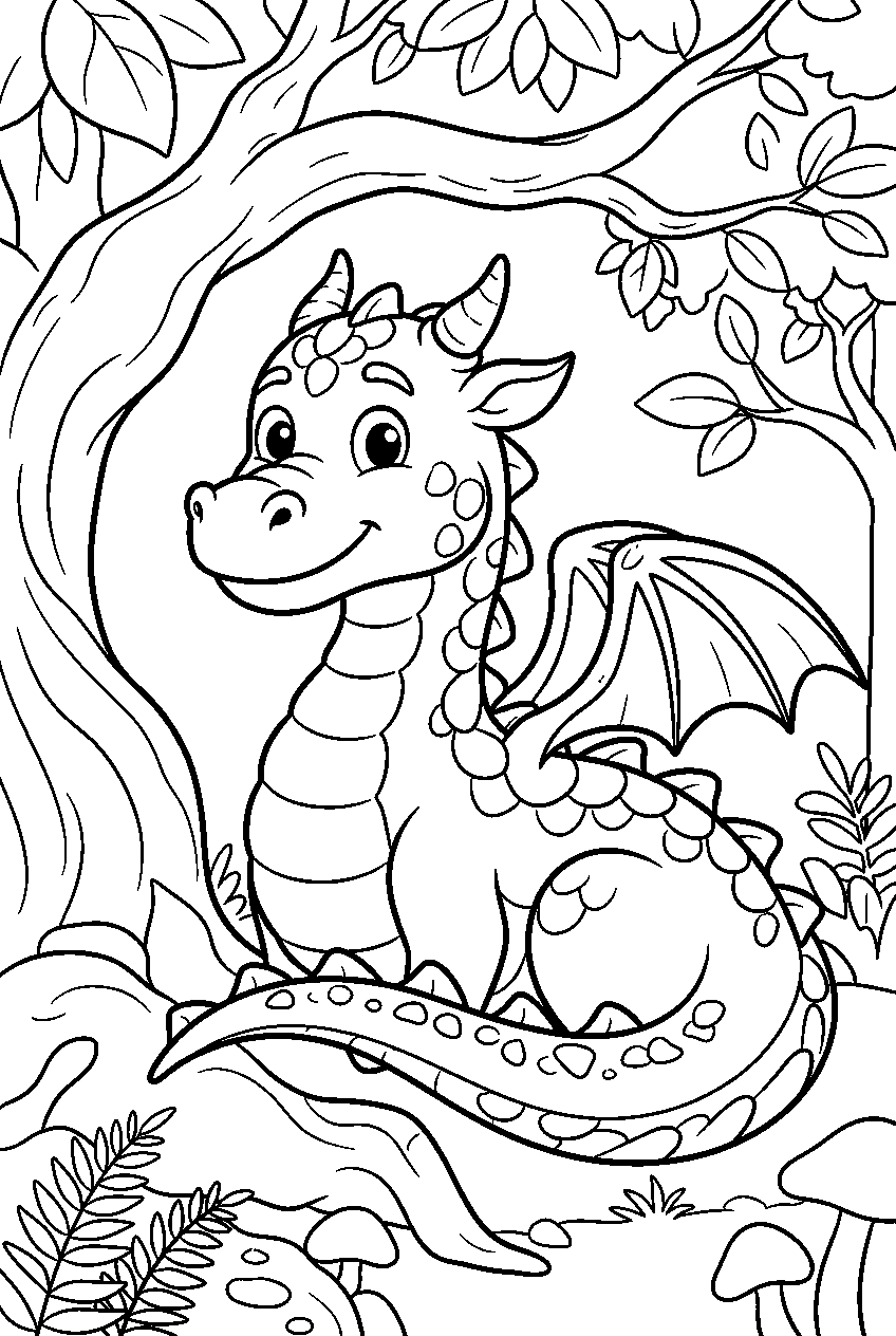dragon in giant tree forest line art
