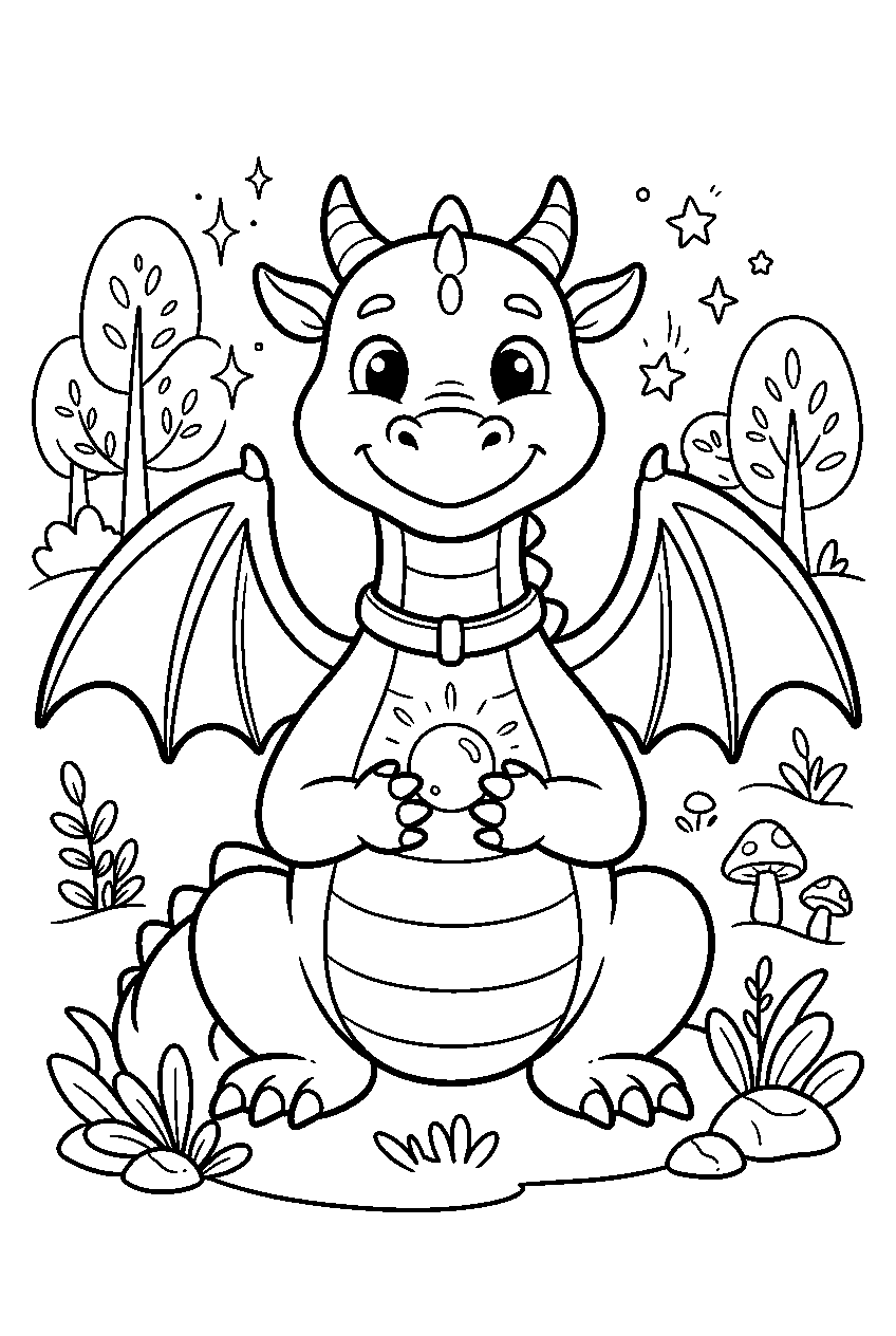 dragon in magical forest line art