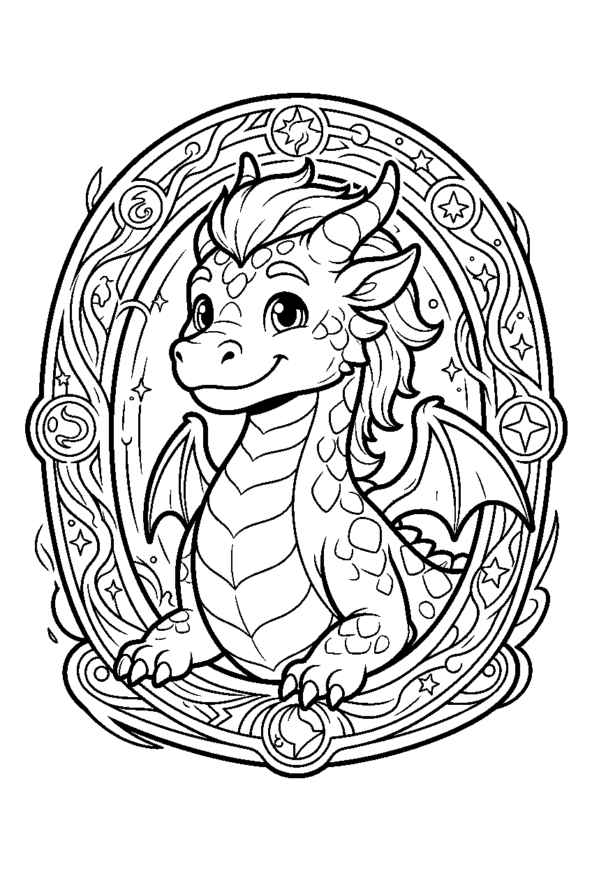 dragon in magical portal area line art