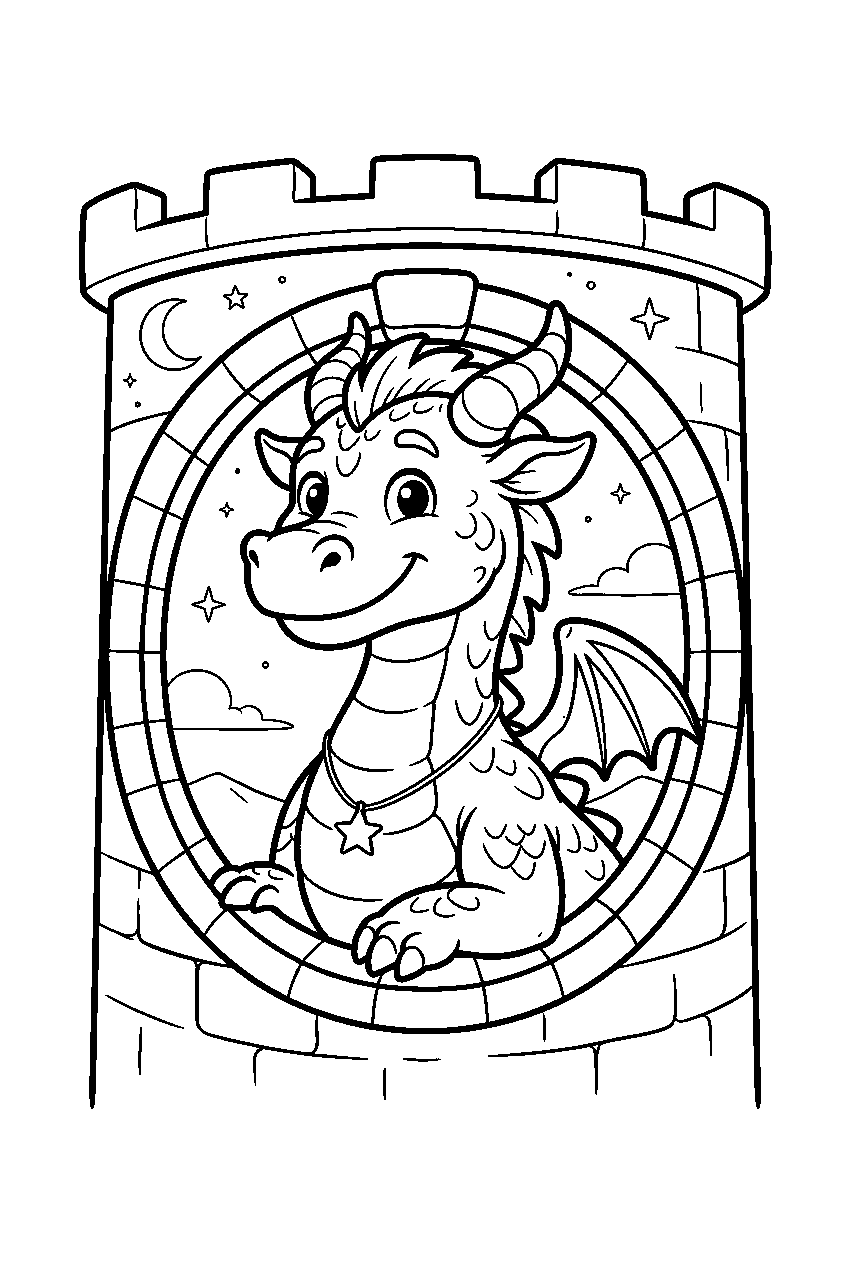 dragon in magical tower line art