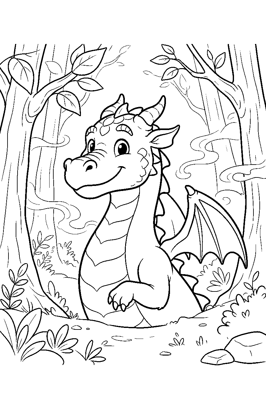 dragon in misty forest line art