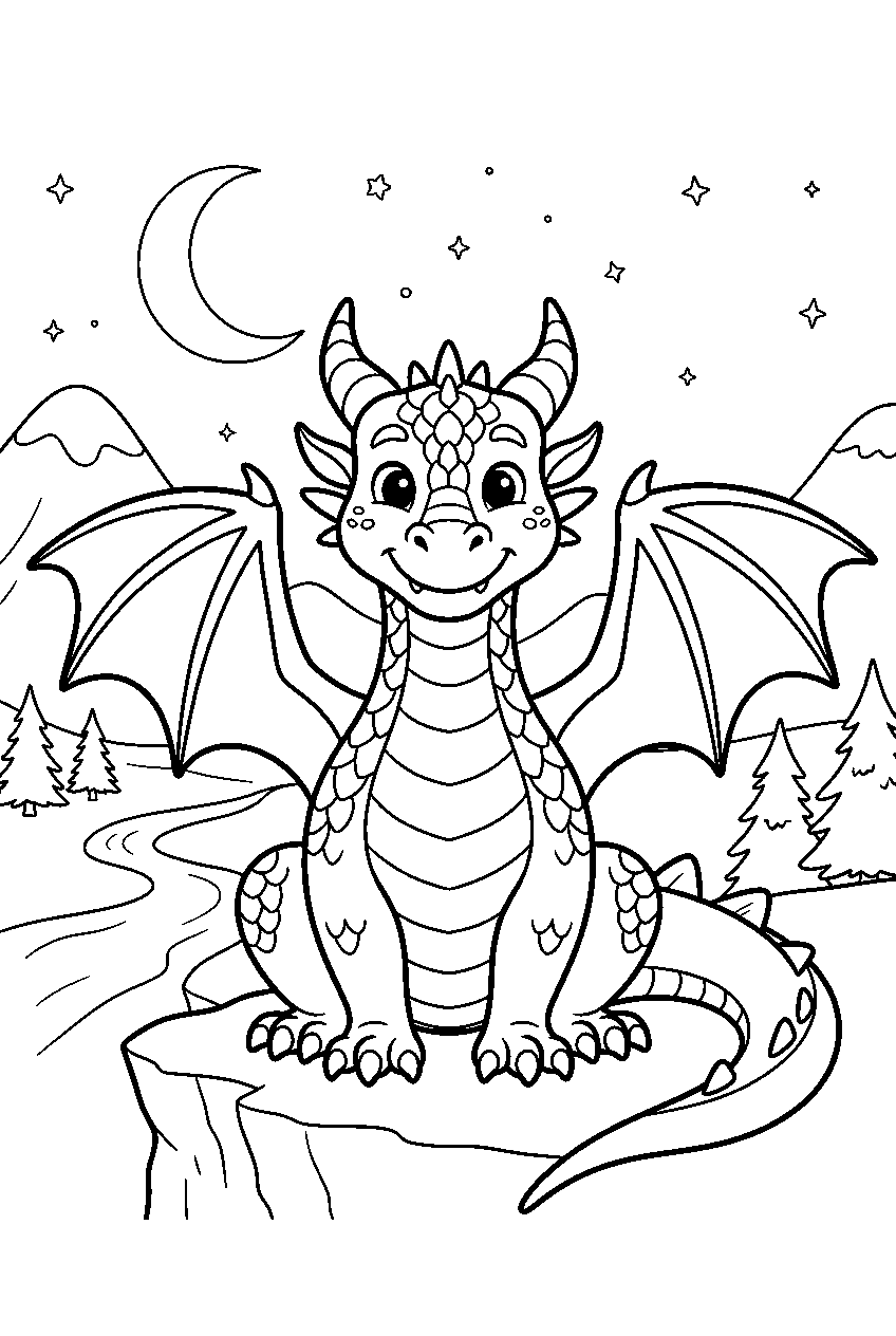 dragon in moonlit valley line art