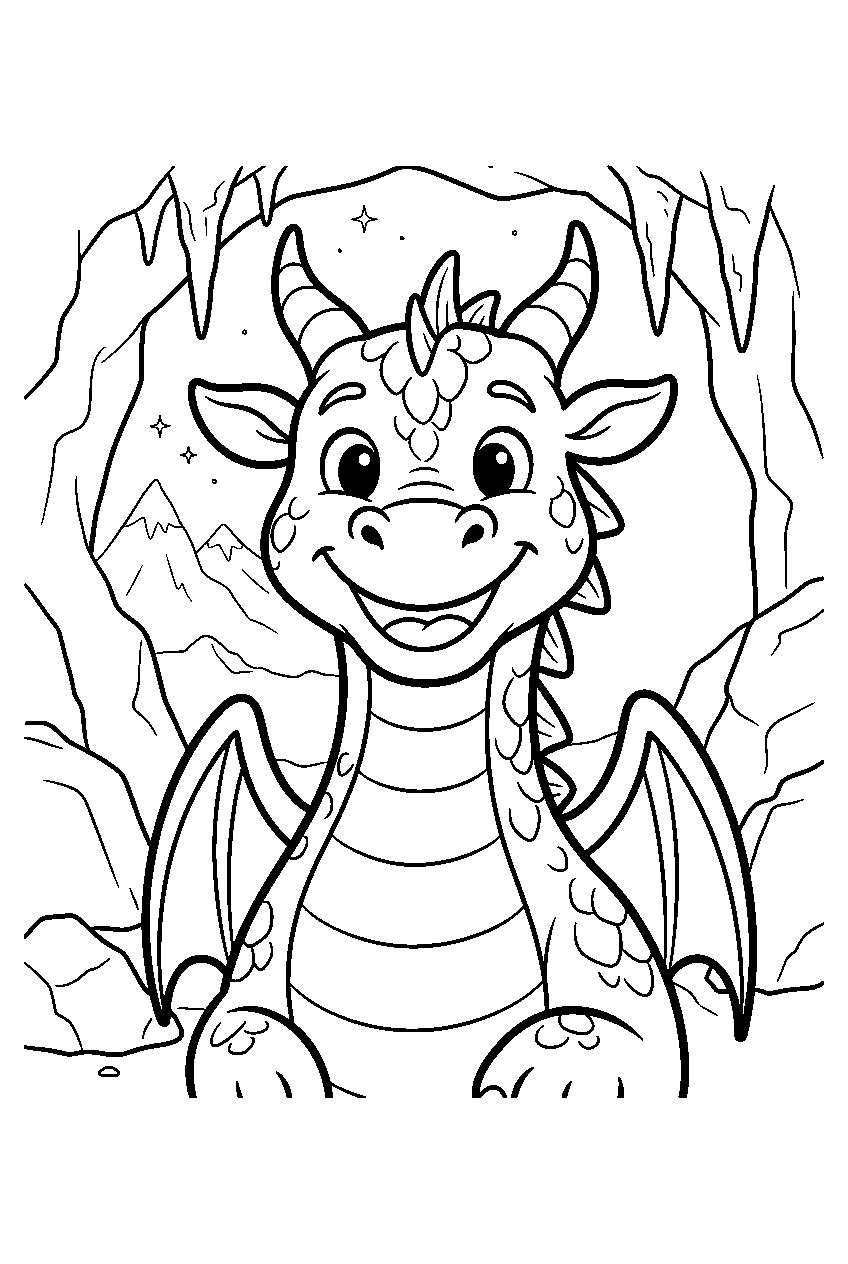 dragon in mountain cave line art